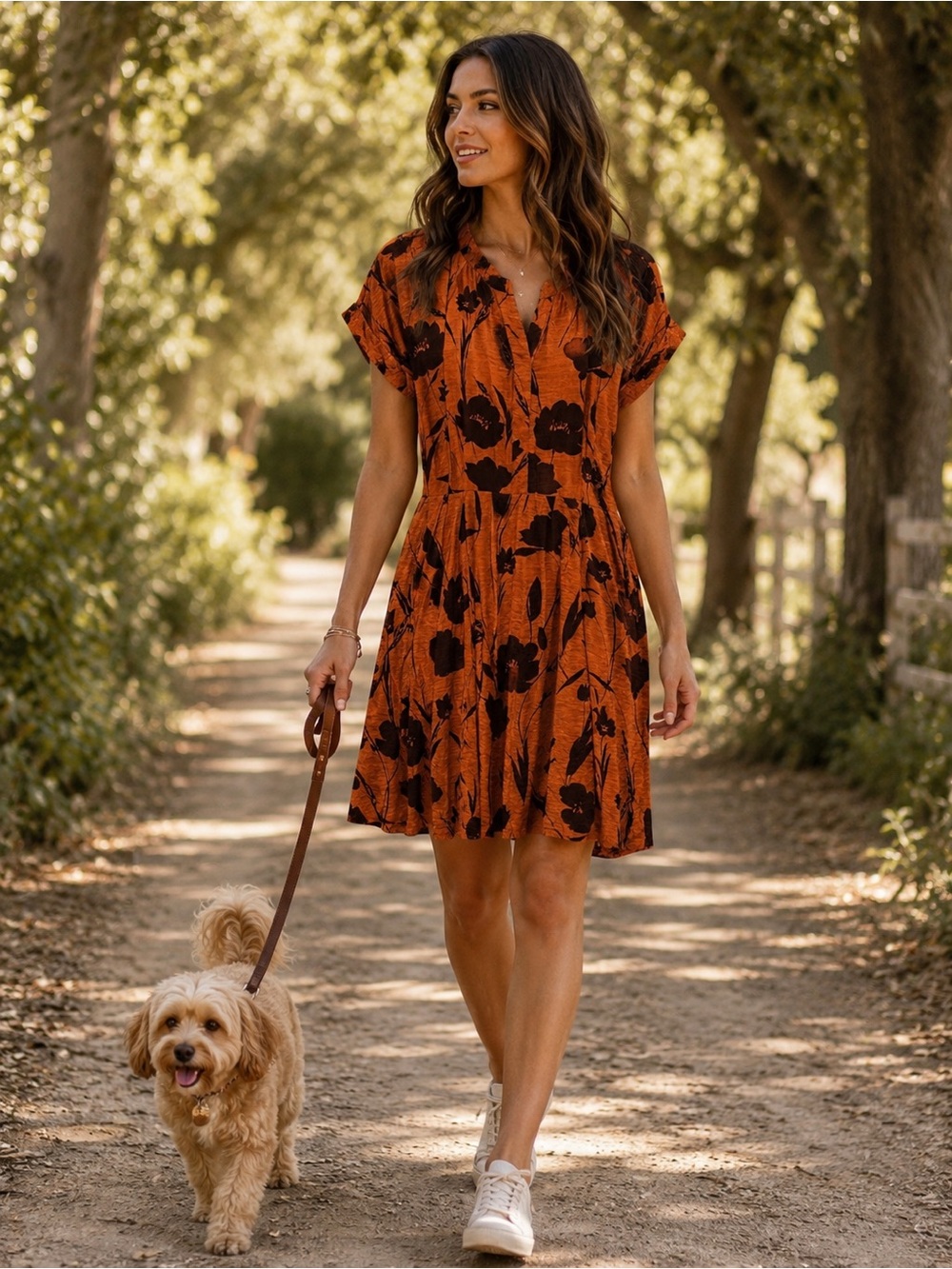 Simply Vera Vera Wang Rust Orange Floral Tie Waist Dress | Size Large